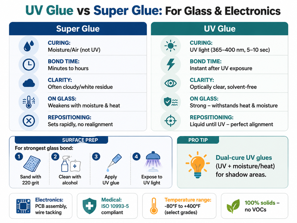 Infographic comparing super glue and UV glue for glass and electronics repair. Left column lists super glue properties: moisture cure, slower bond, cloudy residue, weaker on glass, no realignment. Right column lists UV glue properties: UV cure in 5-10 seconds, optically clear, strong on glass, repositionable before UV. Includes surface prep steps: sand with 220 grit, clean with alcohol, apply glue, expose to UV light. Notes dual-cure UV glues for shadow areas, and applications in electronics and medical devices with temperature ranges.