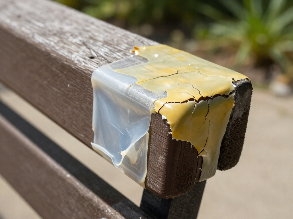 Two adhesive repairs on a wooden surface; one is yellowed and cracked, the other remains clear and intact.