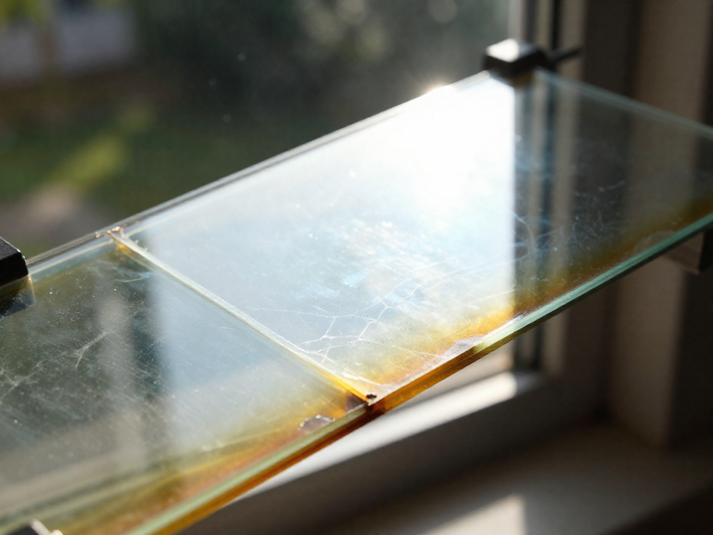 Close-up of a degrading adhesive layer between two glass slides, with sunlight highlighting yellowing and cracks.