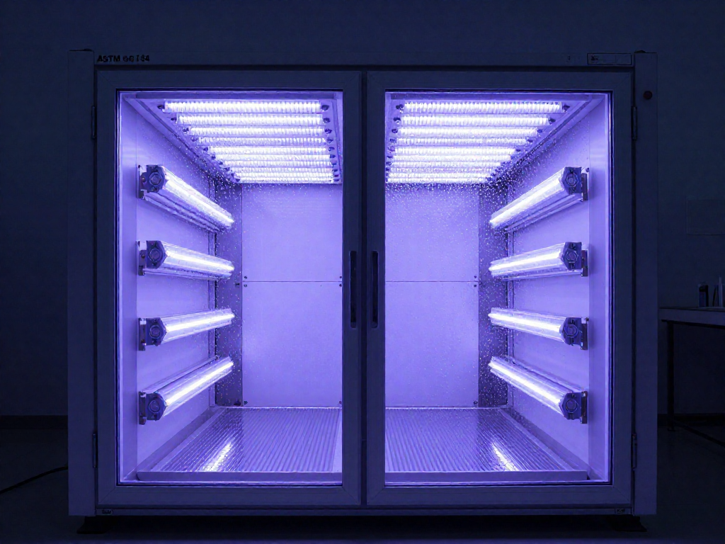 An open weathering test chamber with UV lamps illuminating adhesive samples inside a laboratory.