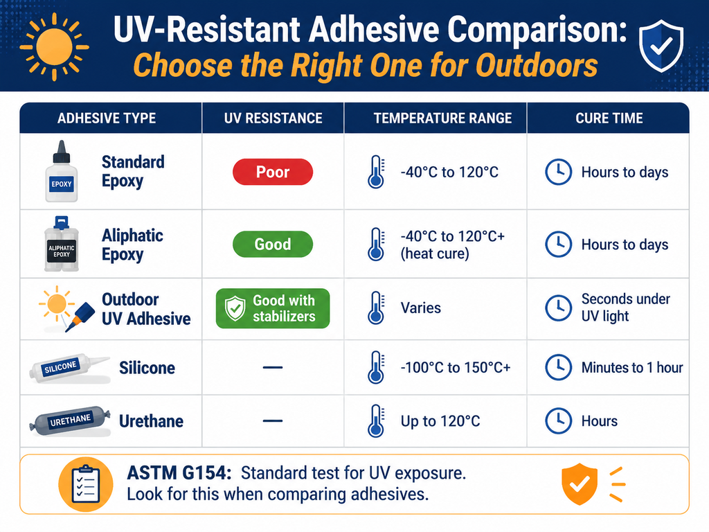 Comparison infographic of UV-resistant adhesives. Standard epoxy has poor UV resistance, temperature range -40°C to 120°C, cures in hours to days. Aliphatic epoxy has good UV resistance, temperature range -40°C to 120°C or beyond with heat cure, cures in hours to days. Outdoor UV adhesive has good UV resistance with stabilizers, cures in seconds under UV light. Silicone has no UV resistance rating listed, temperature range -100°C to over 150°C, cures in minutes to an hour. Urethane has no UV resistance rating listed, temperature range up to 120°C, cures in hours. ASTM G154 is a standard test method for evaluating UV resistance.