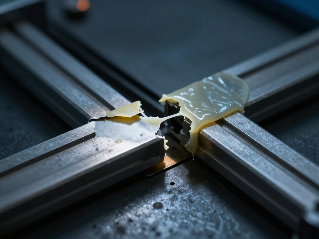Close-up of two adhesive bonds on metal parts, one showing a cracked brittle failure and the other showing a flexible bond holding under stress.