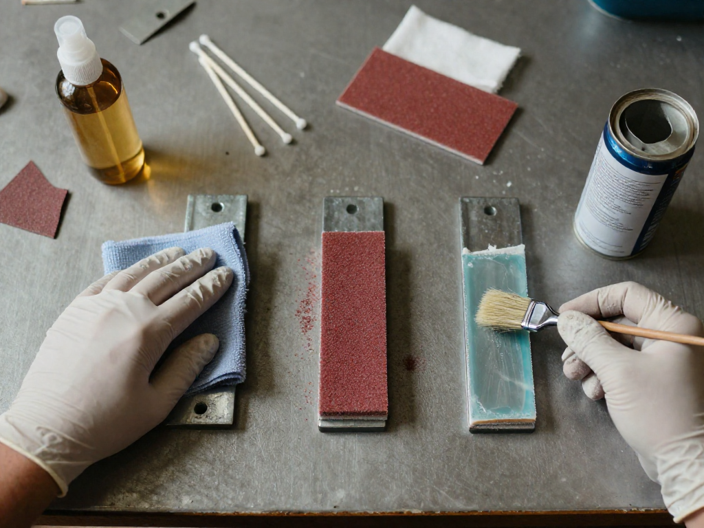 Three steps of surface preparation on a metal part: cleaning with a cloth, sanding with an abrasive pad, and applying a chemical primer with a brush.