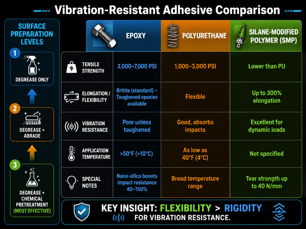 Infographic comparing epoxy, polyurethane, and silane-modified polymer adhesives for vibration resistance. Shows tensile strength values (epoxy 3,000–7,000 PSI, polyurethane 1,000–3,000 PSI), flexibility, application temperature ranges (epoxy above 50°F, polyurethane as low as 40°F), and special features like nano-silica toughening and SMP elongation up to 300%. Also includes a surface preparation hierarchy from degreasing to chemical treatment.