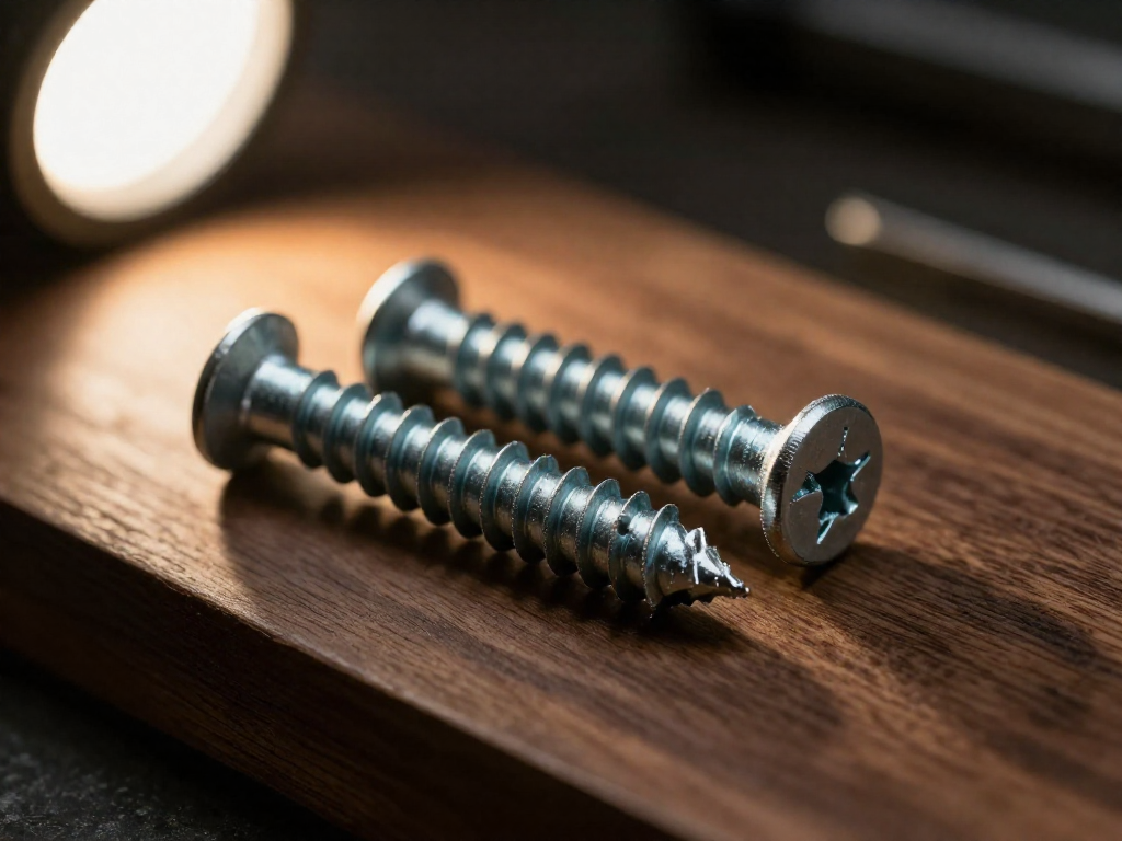 Close-up of two wood screws on a dark wood surface showing different thread patterns.