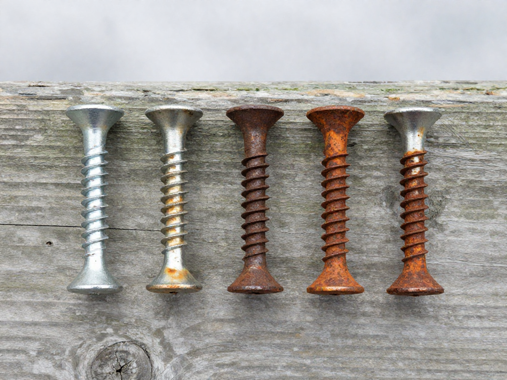A row of wood screws on old wood, gradually rusting from new to heavily corroded.