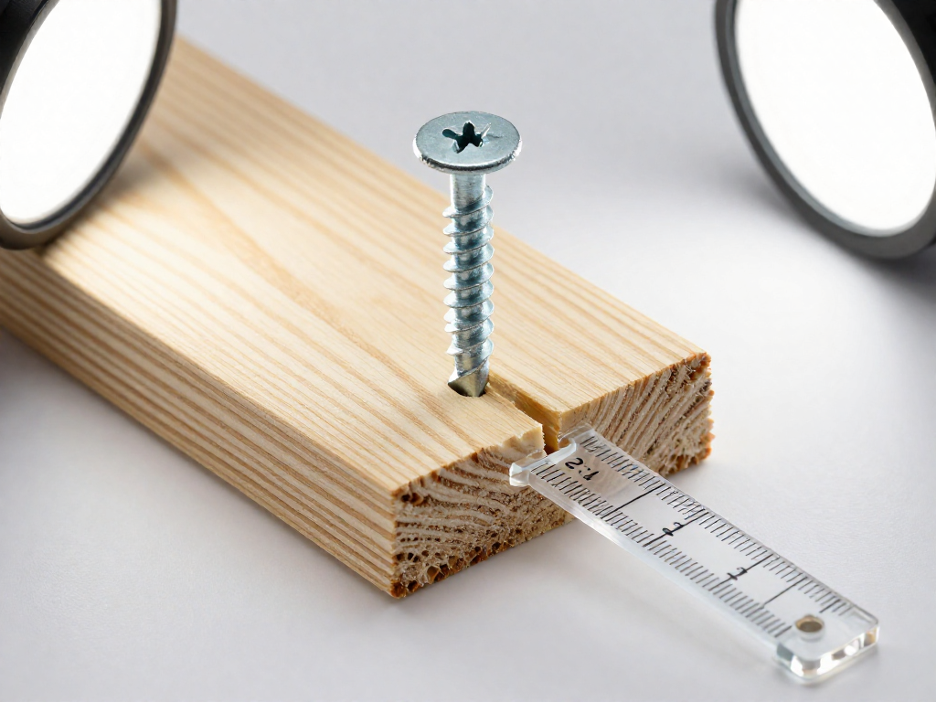 Cutaway view of a screw passing through a wooden board with a transparent scale indicating proper length.