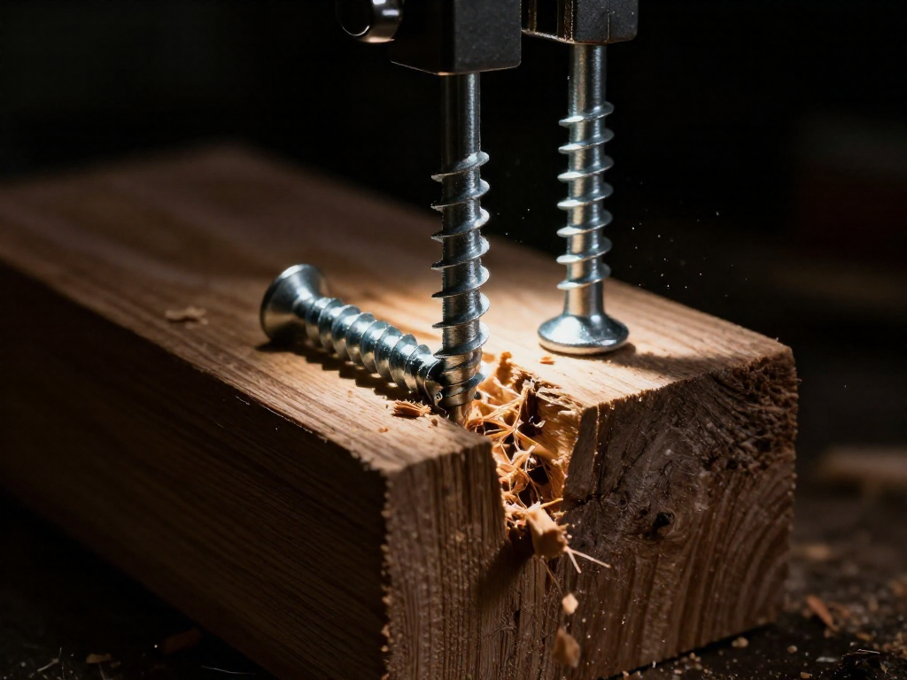 Two screws being torn from wood, one from end grain splintering and one from side grain holding firm.