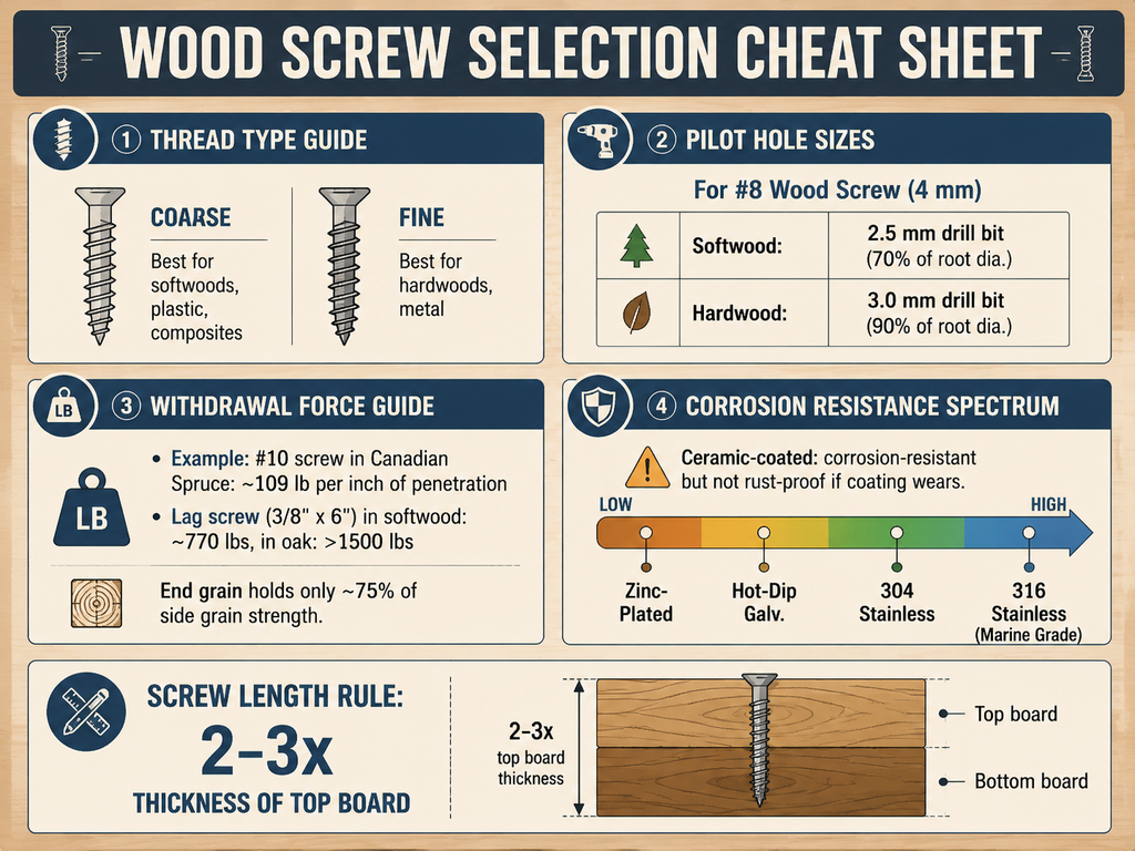 Infographic cheat sheet for wood screw selection, covering thread types (coarse for softwoods, fine for hardwoods), pilot hole sizes for a #8 screw (softwood 2.5 mm, hardwood 3.0 mm), withdrawal force examples (#10 screw in Spruce 109 lb/in, lag screw 3/8x6 in oak over 1500 lbs), corrosion resistance levels (zinc-plated to 316 stainless), the rule to use 2-3 times board thickness for screw length, and reminder that end grain has 75% of side grain strength.
